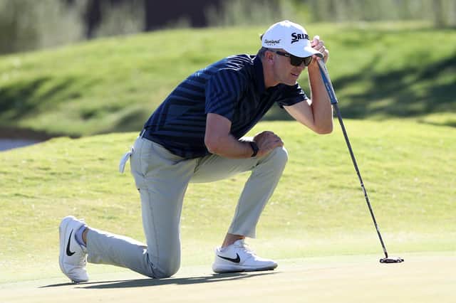 Martin Laird, who is having to line up putts by kneeling on his right knee since undergoing surgery on his left one earlier in the year, claimed his fourth PGA Tour title with a play-off victory in the Shriners Hospitals For Children Open in Las Vegas. Picture: Matthew Stockman/Getty Images