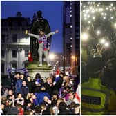 Left: Rangers fans celebrate in George Square on Sunday March 7 after Rangers win the Scottish Premiership title. Right: People turn phone torches on in Clapham Common in London on March 13 after a Reclaim These Streets vigil for Sarah Everard was officially cancelled. Picture: PA