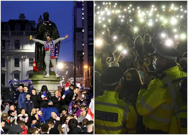 Left: Rangers fans celebrate in George Square on Sunday March 7 after Rangers win the Scottish Premiership title. Right: People turn phone torches on in Clapham Common in London on March 13 after a Reclaim These Streets vigil for Sarah Everard was officially cancelled. Picture: PA