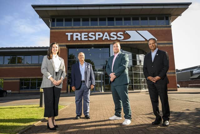 Jade Gallagher, chief operating officer of Glasgow 2026, with Phil Batty, chief executive of Glasgow 2026, and the joint founders of Trespass - Afzal Khushi and Akmal Khushi. Picture by Craig Watson