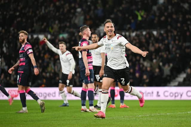 Kane Wilson of Derby County celebrates scoring against Lincoln City earlier in the season. Picture: Michael Regan/Getty Images