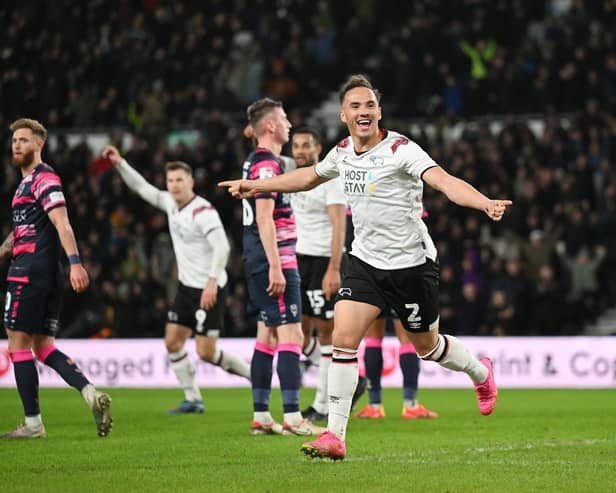 Kane Wilson of Derby County celebrates scoring against Lincoln City earlier in the season. Picture: Michael Regan/Getty Images