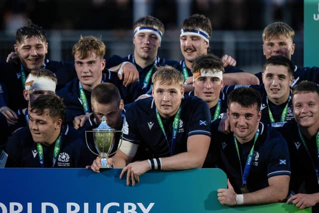 Scotland U20 captain Liam McConnell, centre, with the cup after the World Rugby U20 Trophy final triumph over the USA at Hive Stadium, on July 17, 2024. (Photo by Craig Williamson / SNS Group)