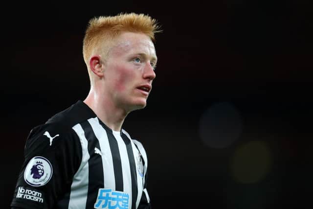 Matty Longstaff of Newcastle United during the Premier League match between Arsenal and Newcastle United at Emirates Stadium on January 18, 2021 . (Photo by Catherine Ivill/Getty Images)