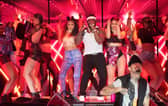 50 Cent made a surprise appearance at the Super Bowl Halftime Show, joining Dr. Dre, Snoop Dogg, Eminem, Kendrick Lamar and Mary J. Blige at the event.  (Photo by Kevin Mazur/Getty Images)