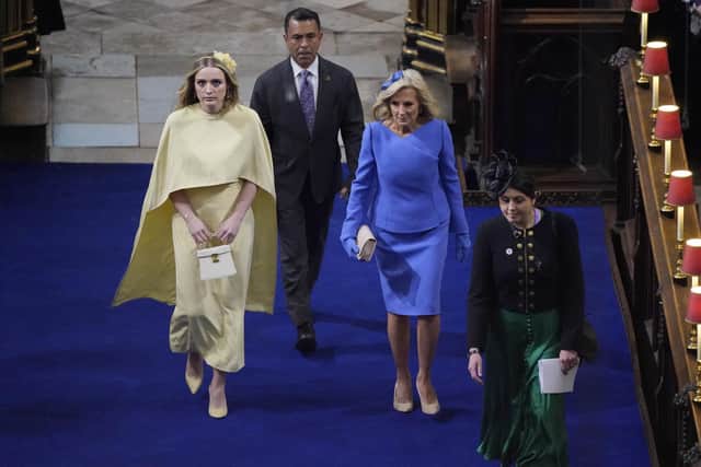 First Lady of the United States, Dr Jill Biden,  and her grand daughter Finnegan Biden at the coronation of King Charles III and Queen Camilla at Westminster Abbey,