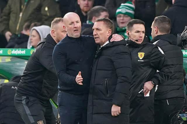 Livingston manager David Martindale (left) embraces Celtic boss Brendan Rodgers after the Scottish Cup clash at Celtic Park.