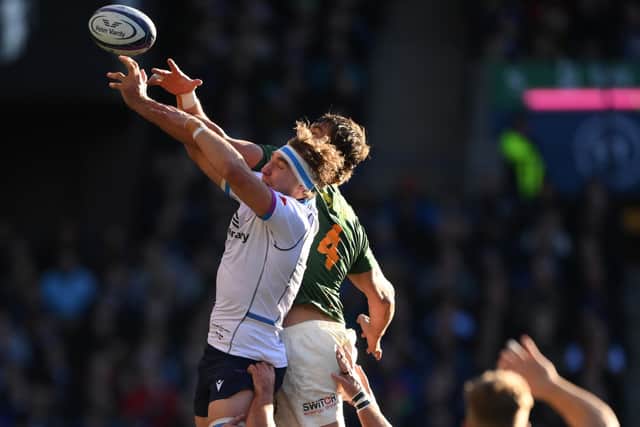 Scotland's Jamie Ritchie and Eben Etzebeth of South Africa contest a lineout at Murrayfield. (Photo by Stu Forster/Getty Images)