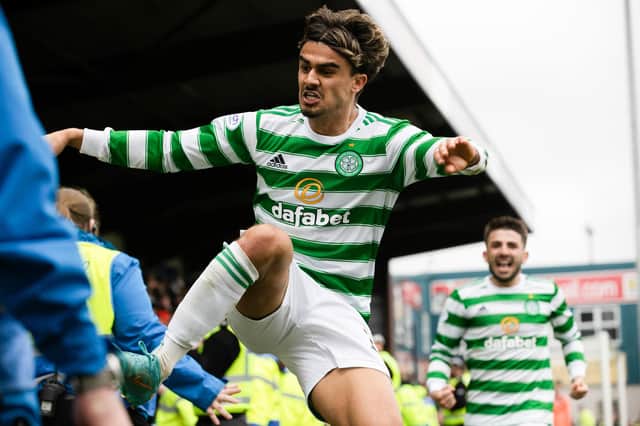 Celtic's Jota celebrates after making it 2-0 in the club's last outing at Dingwall in April. (Photo by Alan Harvey / SNS Group)
