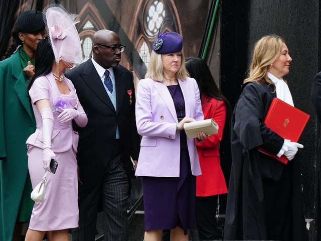 Katy Perry, Edward Enninful and Alison Johnstone, Presiding Officer of the Scottish Parliament arriving ahead of the coronation ceremony of King Charles III and Queen Camilla at Westminster Abbey.