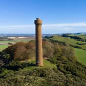 Hopetoun Monument, Haddington, East Lothian, is an impressive ancient tower with views over the Scottish countryside.