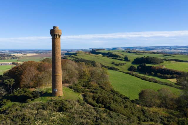 Hopetoun Monument, Haddington, East Lothian, is an impressive ancient tower with views over the Scottish countryside.