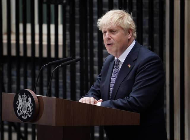 Prime Minister Boris Johnson reads a statement outside 10 Downing Street, London, formally resigning as Conservative Party leader after ministers and MPs made clear his position was untenable. He will remain as Prime Minister until a successor is in place. Picture date: Thursday July 7, 2022.