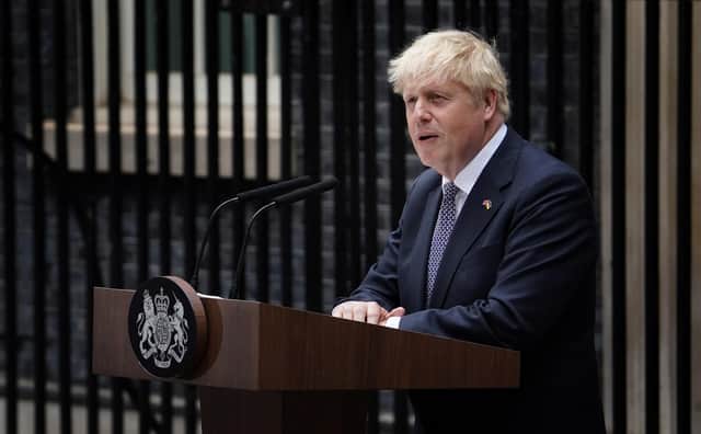 Prime Minister Boris Johnson reads a statement outside 10 Downing Street, London, formally resigning as Conservative Party leader after ministers and MPs made clear his position was untenable. He will remain as Prime Minister until a successor is in place. Picture date: Thursday July 7, 2022.