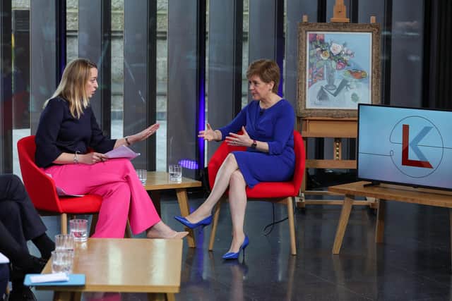 Nicola Sturgeon outlines her arguments for indyref2 on the Sunday with Laura Kuenssberg show
(Photo by Russell Cheyne/WPA Pool/Getty Images)