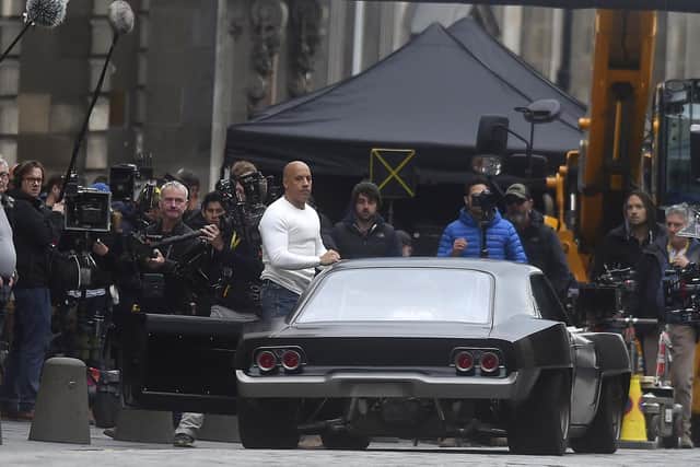 Vin Diesel with director Justin Lin shooting Fast and Furious 9 on the Royal Mile