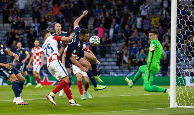 Scotland's John McGinn goes close with a second half chance during a Euro 2020 match between Croatia and Scotland at Hampden Park, on June 22, 2021, in Glasgow, Scotland. (Photo by Alan Harvey / SNS Group)