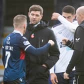 Rangers manager Steven Gerrard speaks with Michael Gardyne at full time after the Scottish Premiership match between Ross County and Rangers at the Global Energy Stadium on December 06, 2020, in Dingwall, Scotland. (Photo by Craig Foy / SNS Group)