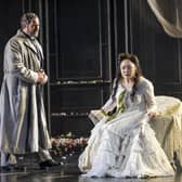 Hye-Youn Lee as Violetta Valéry and Phillip Rhodes as Giorgio Germont in Scottish Opera's production of La traviata. PIC: James Glossop