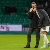 Celtic manager Brendan Rodgers with striker Oh Hyeon-gyu at full time after the 4-1 win over Hibs. (Photo by Craig Williamson / SNS Group)