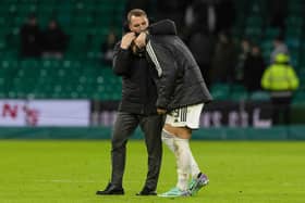 Celtic manager Brendan Rodgers with striker Oh Hyeon-gyu at full time after the 4-1 win over Hibs. (Photo by Craig Williamson / SNS Group)