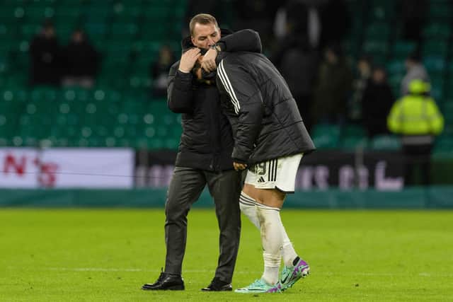 Celtic manager Brendan Rodgers with striker Oh Hyeon-gyu at full time after the 4-1 win over Hibs. (Photo by Craig Williamson / SNS Group)