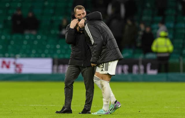 Celtic manager Brendan Rodgers with striker Oh Hyeon-gyu at full time after the 4-1 win over Hibs. (Photo by Craig Williamson / SNS Group)