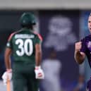 Scotland's Chris Greaves celebrates after taking the wicket of Bangladesh's Mushfiqur Rahim during the ICC mens T20 World Cup cricket match in Muscat, Oman (Photo by HAITHAM AL-SHUKAIRI/AFP via Getty Images)