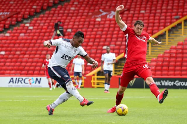ABERDEEN, SCOTLAND - AUGUST 01: Alfredo Morelos of Rangers FC shoots during the Ladbrokes Premiership match between Aberdeen and Rangers at Pittodrie Stadium on August 01, 2020 in Aberdeen, Scotland. Football Stadiums around Europe remain empty due to the Coronavirus Pandemic as Government social distancing laws prohibit fans inside venues resulting in all fixtures being played behind closed doors. (Photo by Andrew Milligan/Pool via Getty Images)
