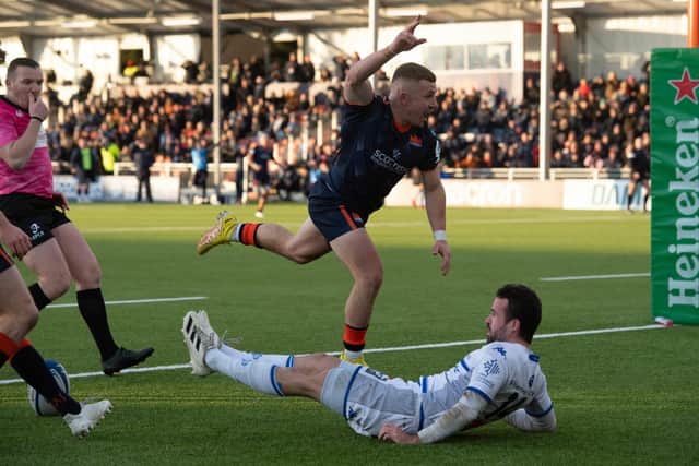 Edinburgh's Ben Vellacott celebrates his second half try against Castres in the Heineken Champions Cup. (Photo by Mark Scates / SNS Group)