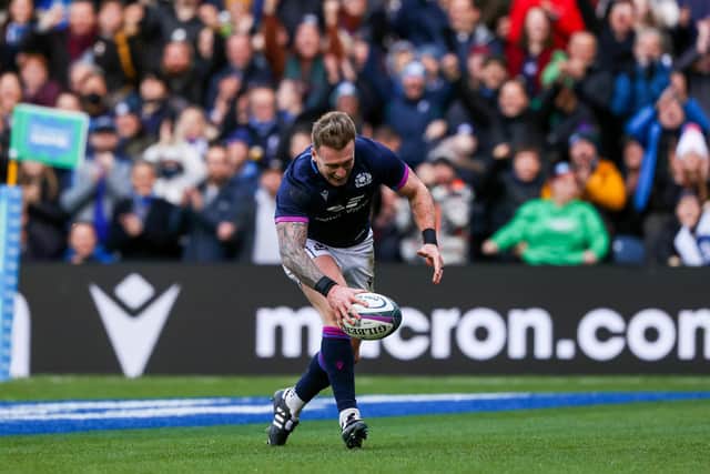 An historic moment as Stuart Hogg dots down his 25th Scotland try.  (Photo by Craig Williamson / SNS Group)