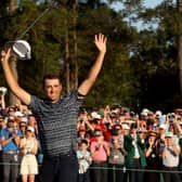 Scottie Scheffler celebrates on the 18th green after winning the 86th Masters at Augusta National Golf Club. Picture: Jamie Squire/Getty Images.