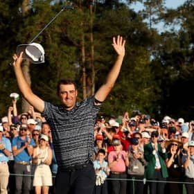 Scottie Scheffler celebrates on the 18th green after winning the 86th Masters at Augusta National Golf Club. Picture: Jamie Squire/Getty Images.