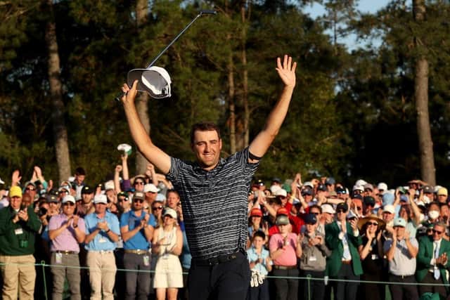 Scottie Scheffler celebrates on the 18th green after winning the 86th Masters at Augusta National Golf Club. Picture: Jamie Squire/Getty Images.