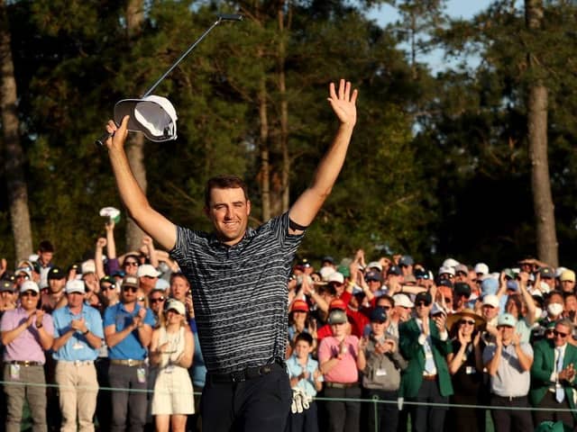 Scottie Scheffler celebrates on the 18th green after winning the 86th Masters at Augusta National Golf Club. Picture: Jamie Squire/Getty Images.