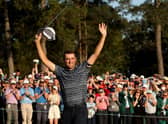 Scottie Scheffler celebrates on the 18th green after winning the 86th Masters at Augusta National Golf Club. Picture: Jamie Squire/Getty Images.