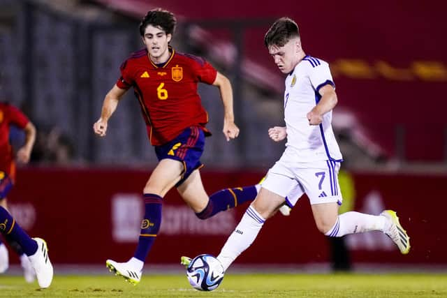 Liverpool's Ben Doak in action during a UEFA EURO Under-21 Qualifier between Spain and Scotland.