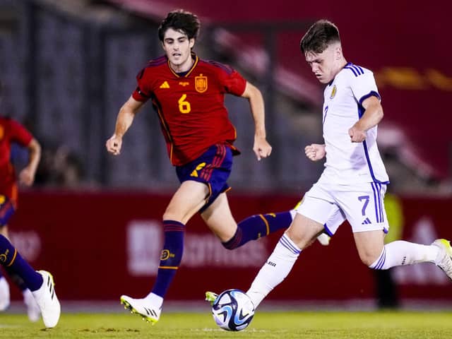 Liverpool's Ben Doak in action during a UEFA EURO Under-21 Qualifier between Spain and Scotland.