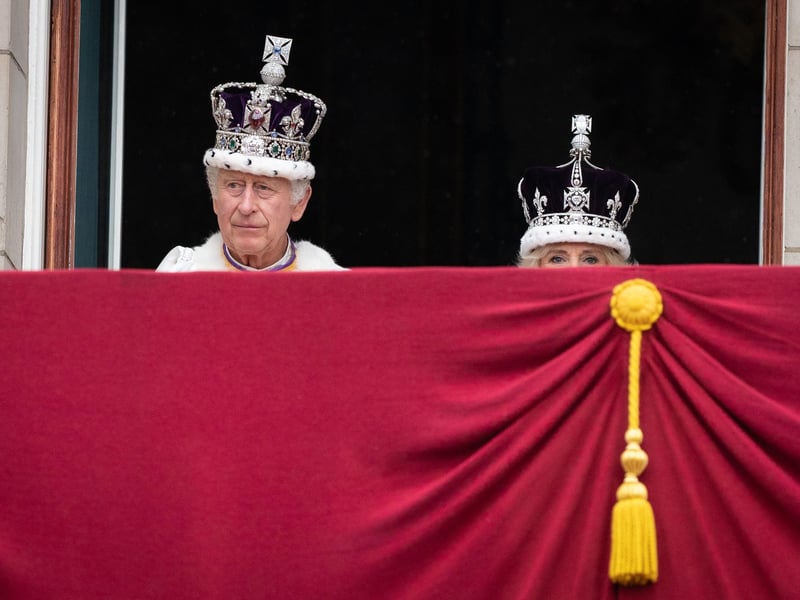 King Charles III and Queen Camilla on the balcony of Buckingham Palace, London, following the coronation.