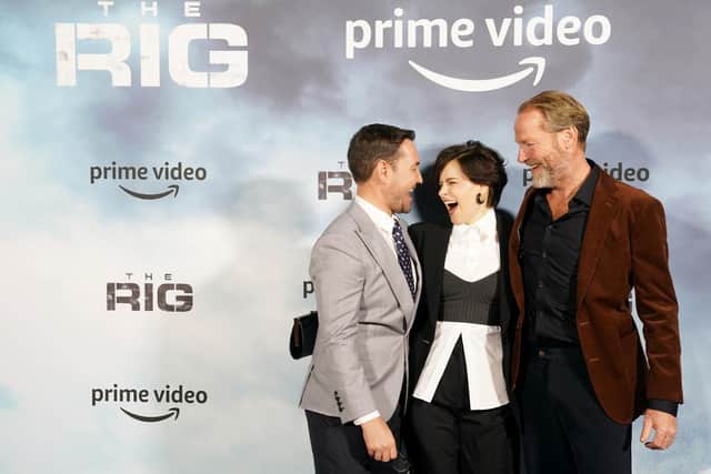 Martin Compston and Emily Hampshire, with co-star Iain Glen, at The Rig world premiere in Edinburgh. Picture: Jane Barlow/Press Association