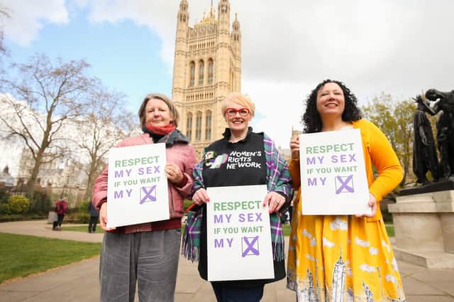 Maya Forstater, seen on right with other campaigners in London, will join a picket of the Scottish Parliament on Thursday to protest against the Gender Recognition Reform Bill (Picture: James Manning/PA)