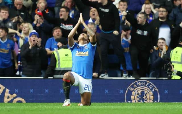 Rangers' Alfredo Morelos celebrates pulling a goal back during a Cinch Premiership match between Rangers and Aberdeen at Ibrox. (Photo by Alan Harvey / SNS Group)