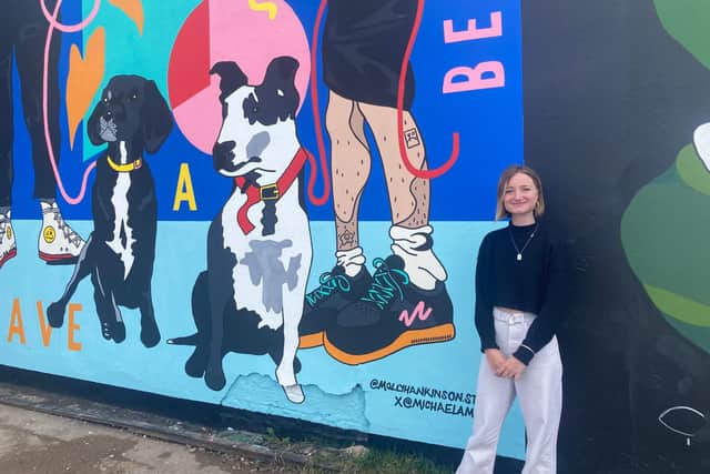 Artist Michaela McManus, 24, beside the legs and dog based on her and her dog Nacho who is currently back at her family home in Edinburgh (Photo: Hannah Brown).