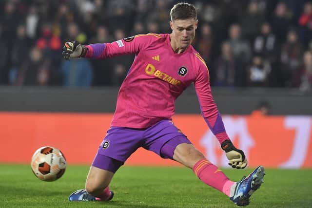 Celtic target Peter Vindahl Jensen shots a block during a match for Sparta Prague against Real Betis in the Europa League last season. (Photo by MICHAL CIZEK/AFP via Getty Images)