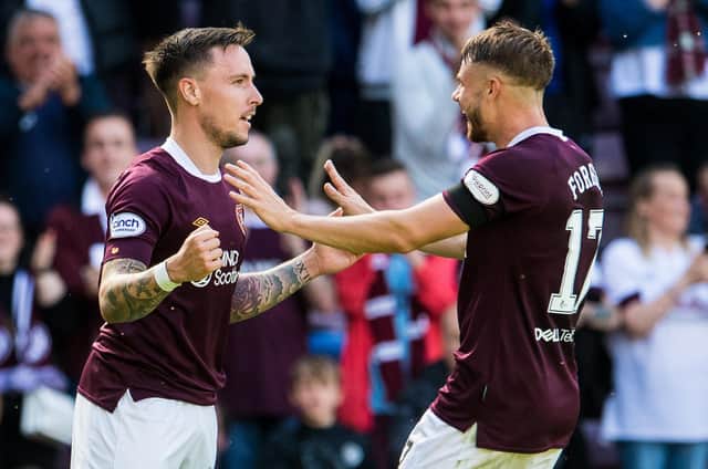 Hearts' Barrie McKay (L) celebrates making it 2-0 with Alan Forrest during a cinch Premiership match between Hearts and Ross County at Tynecastle Park, on July 30, 2022, in Edinburgh, Scotland. (Photo by Ross Parker / SNS Group)