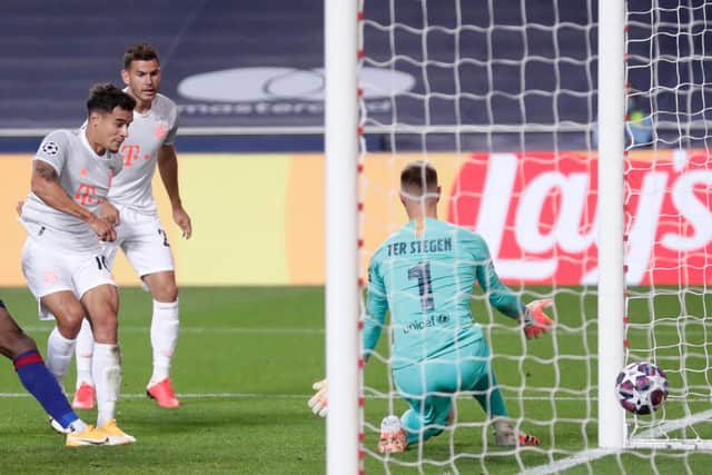 Bayern Munich's Philippe Coutinho - on loan from Barcelona - scores the eighth goal against his parent club. Picture: AFP via Getty Images