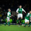 Kevin Thomson, Scott Brown, Derek Riordan and Garry O'Connor celebrate yet another Hibs League Cup semi-final victory over Rangers