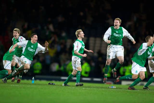 Kevin Thomson, Scott Brown, Derek Riordan and Garry O'Connor celebrate yet another Hibs League Cup semi-final victory over Rangers
