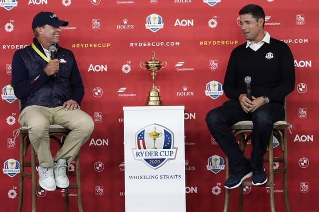 Team USA captain Steve Stricker and Team Europe captain Padraig Harrington answer questions at a Ryder Cup press conference at Whistling Straits in Wisconsin. Picture: AP Photo/Morry Gash.