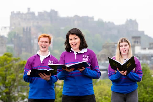 Jamie Lewis, Lucy McVicar and Kristen Forbes sang with the National Youth Choir of Scotland this morning on Calton Hill as restrictions ease across Scotland. (Picture credit: Ian Georgeson)